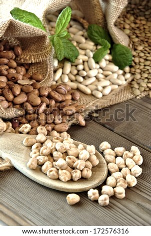 lentils, chickpeas, red beans in cloth bags
