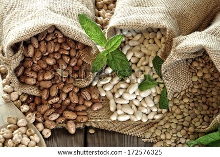 lentils, chickpeas, red beans in cloth bags