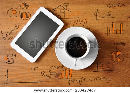 coffee with digital tablet and analytics business