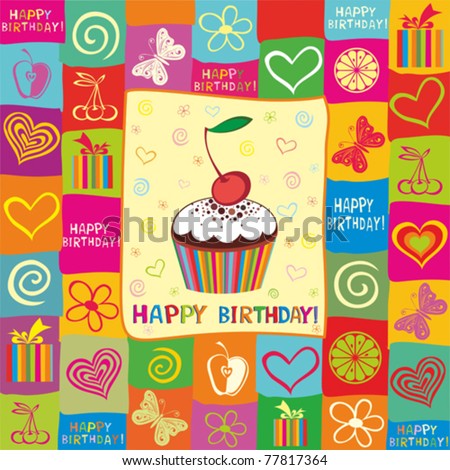 Vector Happy Birthday Card. Illustration Of Cute Cupcak