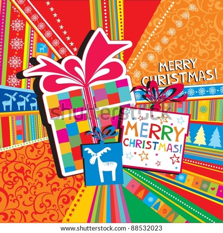 Christmas card. Gifts box on colorful background. Illustration
