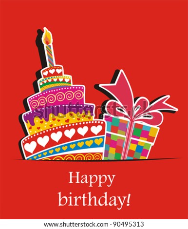Birthday card Celebration red background with Birthday cake gift boxes and place for your text vector illustration Birthday card Celebration red background with Birthday cake gift boxes and place for your text vector illustration