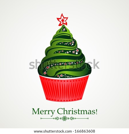 Merry Christmas! Christmas tree cupcake Celebration background with Christmas cupcake and place for your text.  Illustration