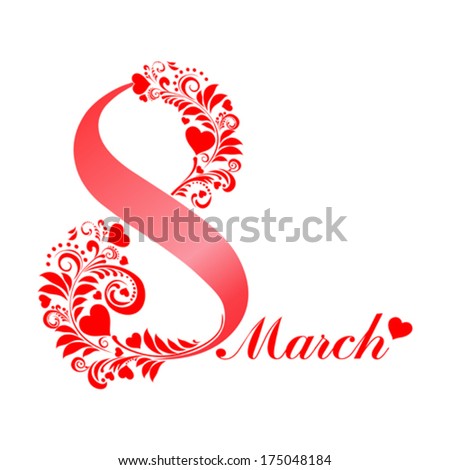 8 march.  Women's Day card with floral elements  isolated on White background. Vector illustration  - stock vector