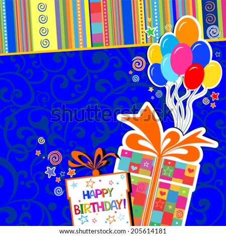 Happy birthday card. Celebration blue background with Birthday gift boxes, balloon and place for your text. vector illustration
