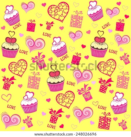 Seamless valentine pattern with cupcake, gift box and hearts.  Illustration