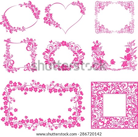 Pink flower frame set isolated on White background.  illustration