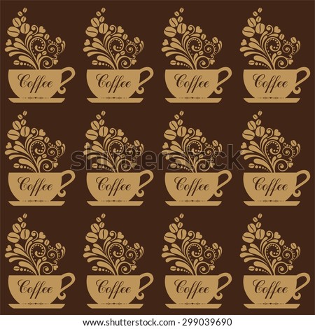 Seamless coffee background with caps, text, coffee beans. Illustration