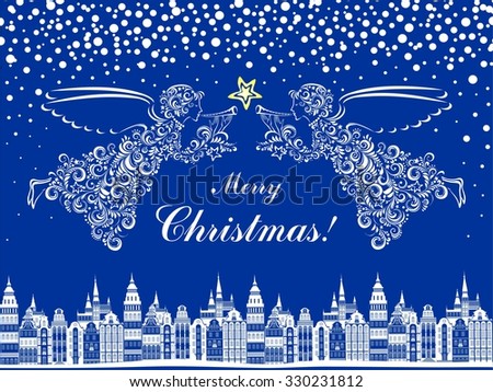 Christmas card. Celebration blue background with Angel, Christmas star and Old city.  illustration