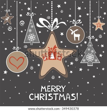 Merry Christmas. Christmas Greeting Card. Celebration Vintage background with Christmas tree, Christmas star, Christmas ball and place for your text.  Illustration