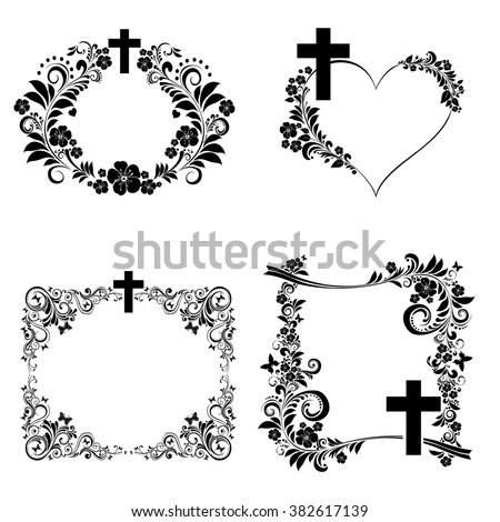 Obituary notice - art deco frames with cross. Collection of Christian Symbol design elements isolated on White background. Vector illustration