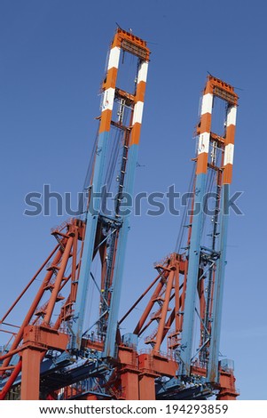 HAMBURG, GERMANY - MAY, 16. Container gantry cranes at the container terminal Eurogate in Hamburg-Waltershof taken on the early morning on May 16, 2014.