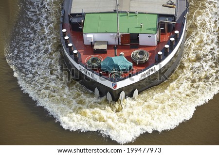 BELDORF, GERMANY - JUNE, 8. The bow of the vessel Borena at the Kiel Canal near Beldorf (Schleswig-Holstein, Germany) on June 8, 2014.