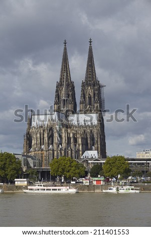 COLOGNE, GERMANY - AUGUST 17. The Cologne Cathedral (Northrhine-Westphalia, Germany) near the river Rhine taken on August 17, 2014.