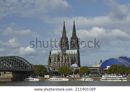 COLOGNE, GERMANY - AUGUST 17. The skyline of Cologne (Northrhine-Westphalia, Germany) with the Cologne Cathedral taken at daylight on August 17, 2014.