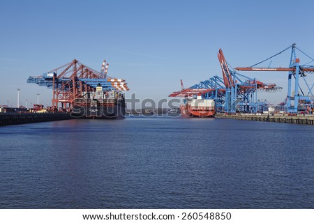 HAMBURG, GERMANY - MARCH, 8. The container vessels MSC New York and Cap San Antonio are loaded and unloaded at the terminals Burchardkai and Eurogate at the Port of Hamburg (Germany) on March 8, 2015.