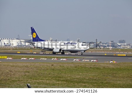FRANKFURT, GERMANY - APRIL, 23. The Boeing 737-300 named Bad Kissingen of Lufthansa takes off at Frankfurt International Airport (Germany, FRA) on April 23, 2015.