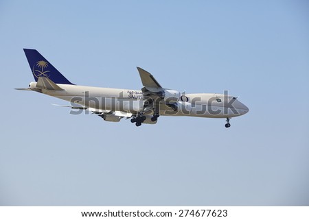 FRANKFURT, GERMANY - APRIL, 23. A cargo aircraft of Saudia Cargo approaching Frankfurt International Airport (Germany, FRA) on April 23, 2015.
