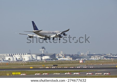 FRANKFURT, GERMANY - APRIL, 23. A cargo aircraft of Saudia Cargo approaching Frankfurt International Airport (Germany, FRA) on April 23, 2015.