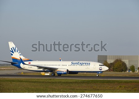 FRANKFURT, GERMANY - APRIL, 23. A Boeing 737-800 of SunExpress takes off at Frankfurt International Airport (Germany, FRA) on April 23, 2015.