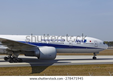 FRANKFURT, GERMANY - APRIL, 24. A Boeing 777-381(ER) of All Nippon Airways lands at Frankfurt International Airport (Germany, FRA) on April 24, 2015.