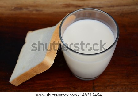 glass of milk with a dish full of bread.
