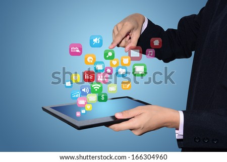 Media technology illustration with tablet PC and icons