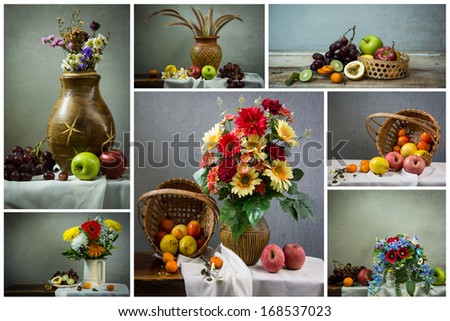 set of the Still life with a apple and a orange and passion fruit set