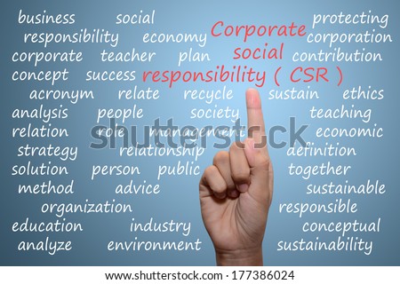 businessman pointing corporate social responsibility ( CSR ) concept