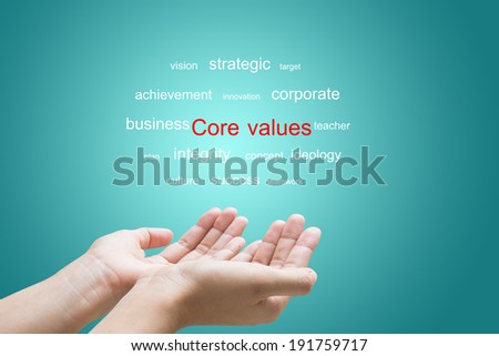 Businessman Hand Showing core values Word