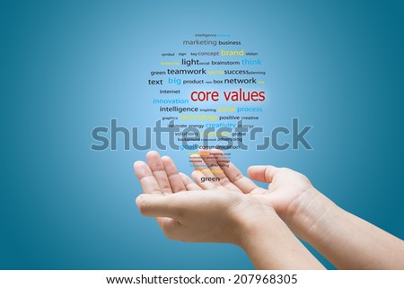 Businessman Hand Showing core values Word