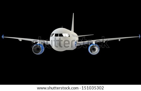 A white airplane in air prepare for landing isolated on black