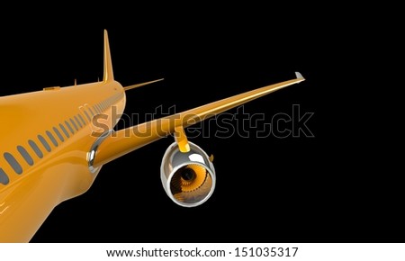 An orange airplane in air prepare for landing isolated on black