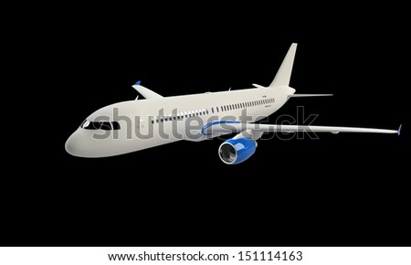 A white airplane in air isolated on black