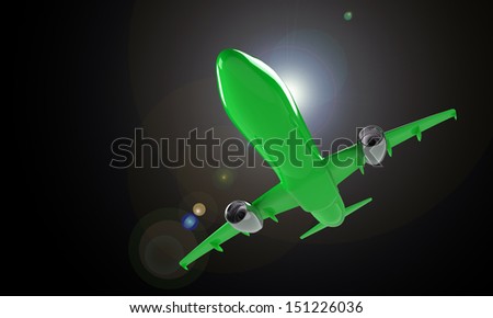 green airplane isolated on black with sun glare