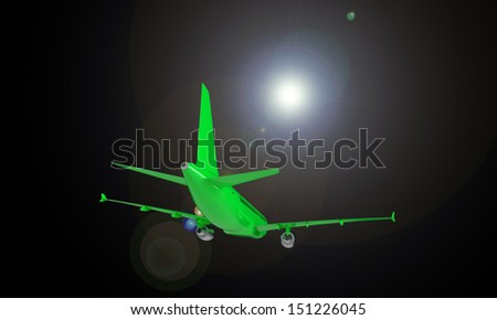 green airplane isolated on black with sun glare
