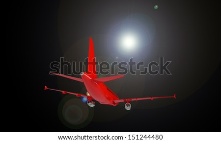 Red airplane isolated on black with sun glare