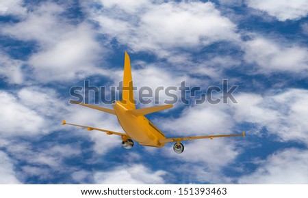 orange plane against the blue sky and clouds isolated on white