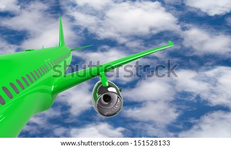 green plane against the blue sky and clouds isolated on white