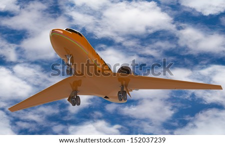 An orange airplane prepare for take off on the ground isolated against the sky