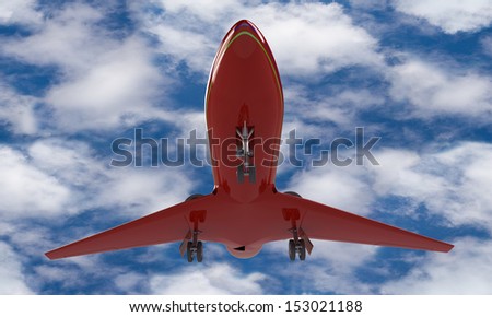 A red airplane prepare for take off on the ground isolated against the sky