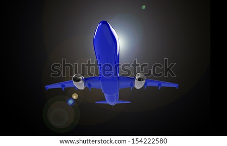 Blue airplane isolated  on black with sun glare