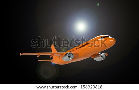 Orange airplane isolated on black with sun glare