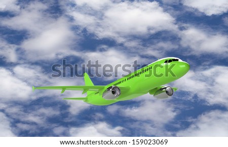 Green airplane take off  isolated against the clouds and sky