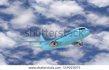 Cyan airplane take off  isolated against the clouds and sky