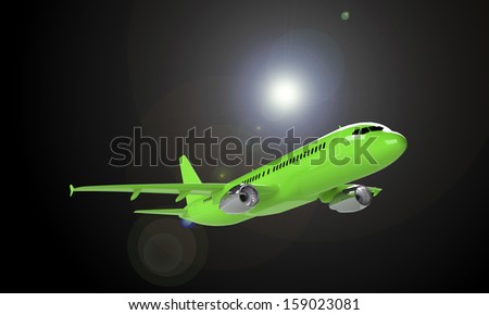 Green airplane take off  isolated on black