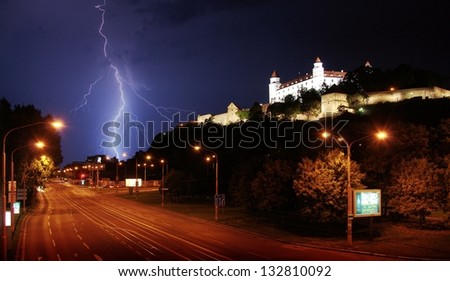Europe, Slovakia, Bratislava, evening, night, rain, lightning, thunder, sky, glow, flash, electric shock, electricity, night city lights, street, avenue, bad weather, castle, fortress, tower, rock,