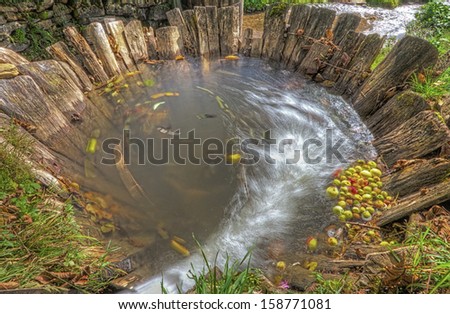 wood pit with water and apples