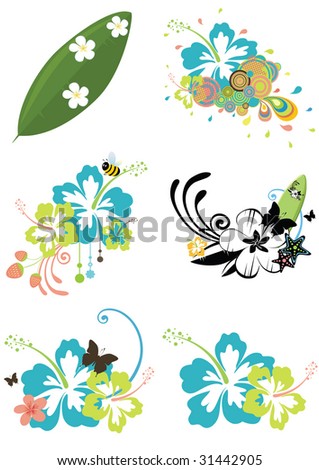 stock vector Six design elements with Hawaiian flowers on summer theme