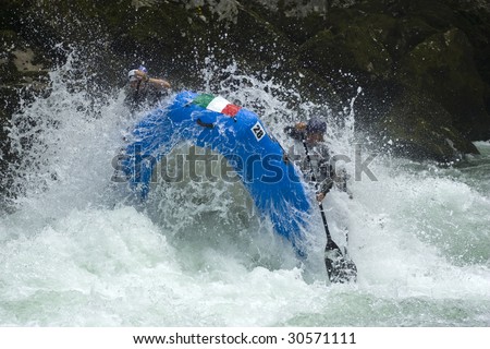 BANJA LUKA, REPUBLIKA SRPSKA, BOSNIA - MAY 18: An unidentified team practices at the first day of training for all teams at World Rafting Championship Banja Luka 2009 May 18, 2009 in Banja Luka.